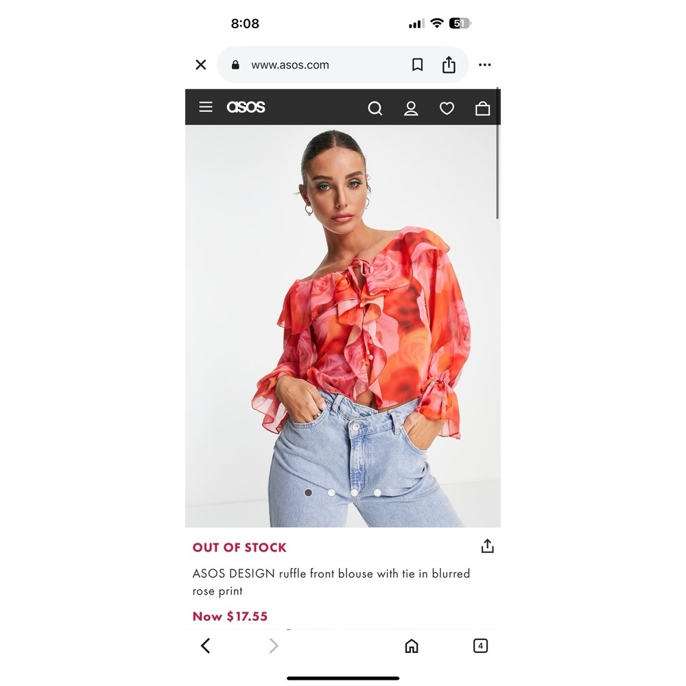 ASOS DESIGN ruffle front blouse with tie in blurred rose print Size 4